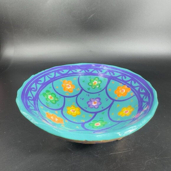 Hand Painted Mexican Pottery Footed Salsa Dish Trinket Dish Holder Vintage Decor - Picture 10 of 10